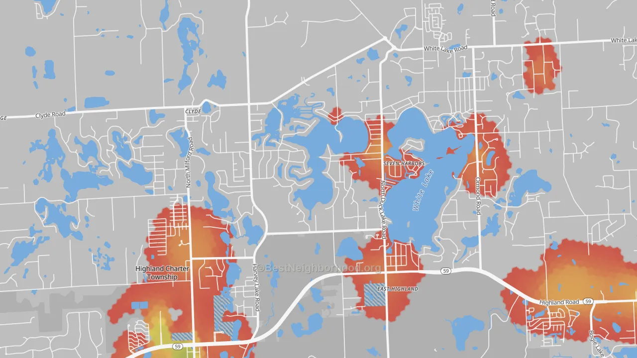 Walk Grade map of 48356, MI, walkable areas in green and car-dependent areas in red