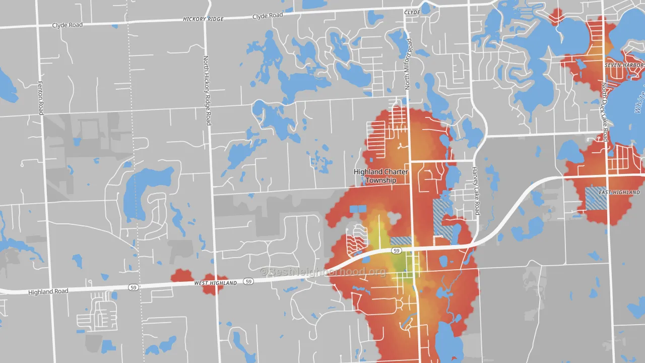 Walk Grade map of 48357, MI, walkable areas in green and car-dependent areas in red