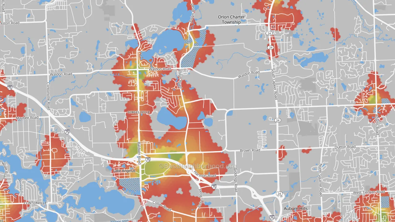 Walk Grade map of 48359, MI, walkable areas in green and car-dependent areas in red
