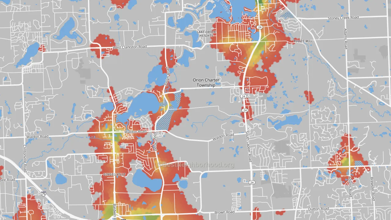 Walk Grade map of 48360, MI, walkable areas in green and car-dependent areas in red