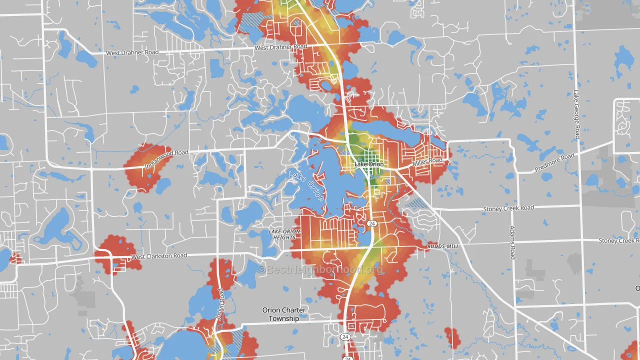 Walk Grade map of 48362, MI, walkable areas in green and car-dependent areas in red