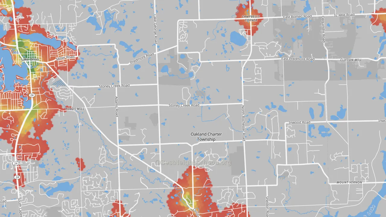 Walk Grade map of 48363, MI, walkable areas in green and car-dependent areas in red