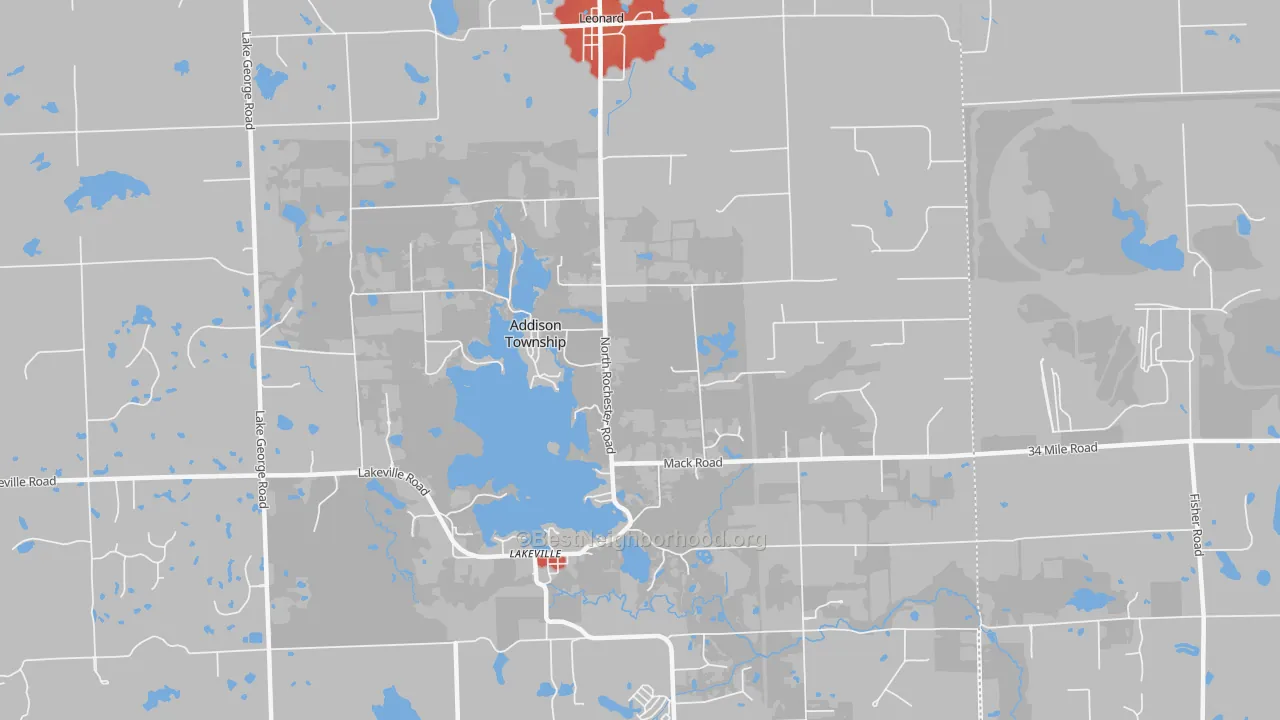Walk Grade map of 48367, MI, walkable areas in green and car-dependent areas in red