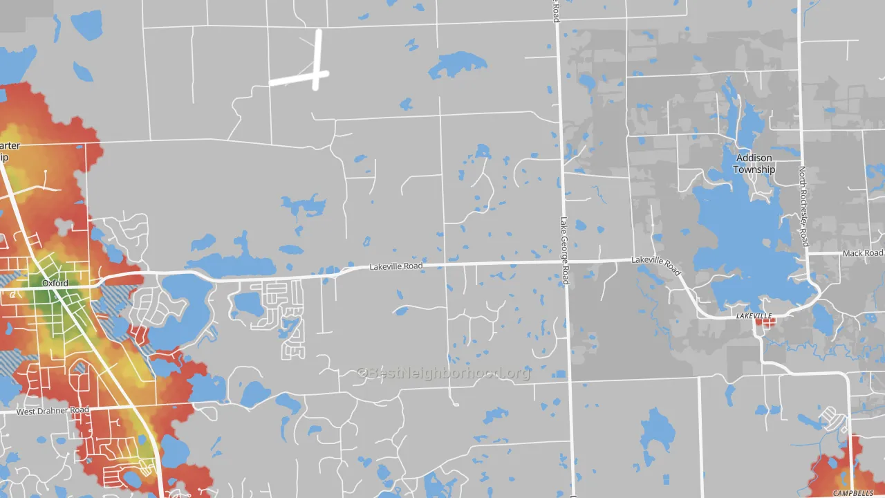 Walk Grade map of 48370, MI, walkable areas in green and car-dependent areas in red