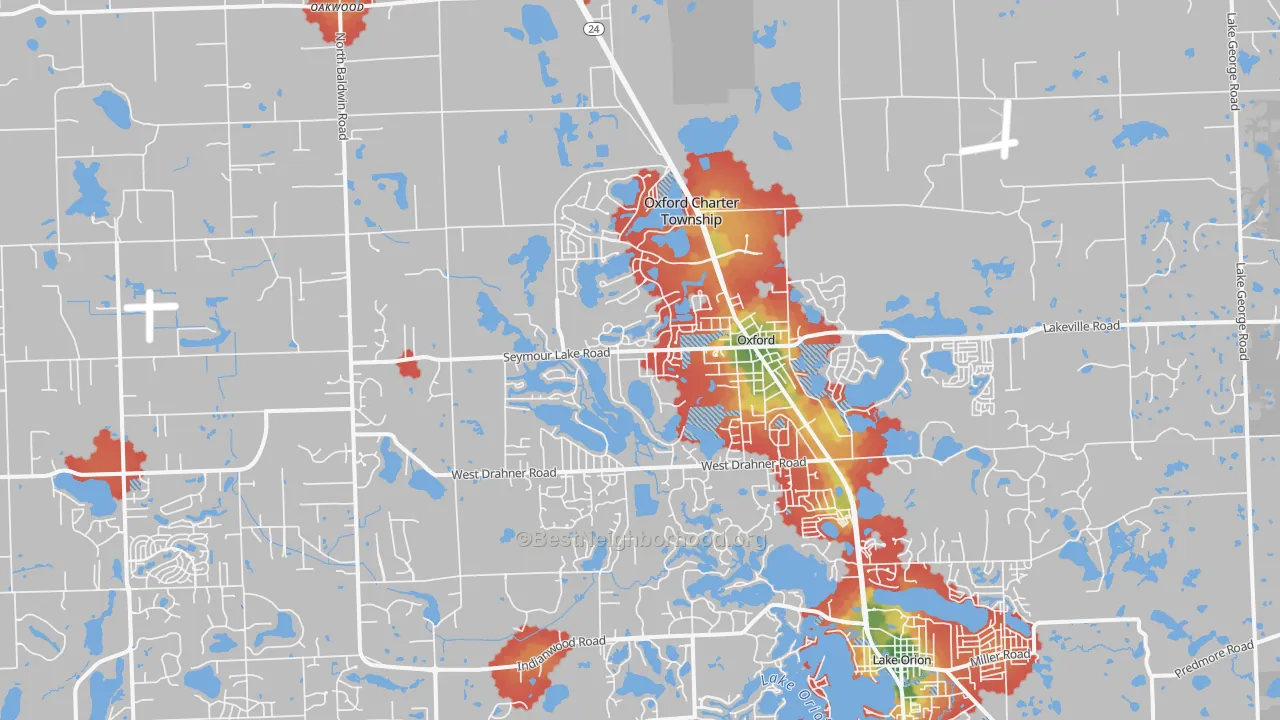 Walk Grade map of 48371, MI, walkable areas in green and car-dependent areas in red
