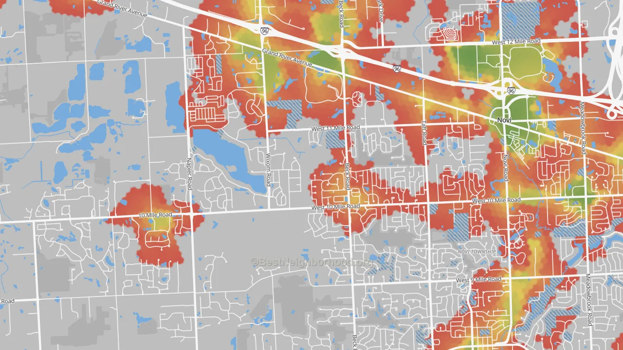 Walk Grade map of 48374, MI, walkable areas in green and car-dependent areas in red