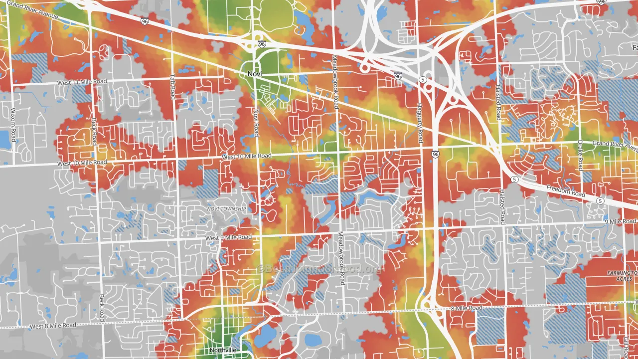 Walk Grade map of 48375, MI, walkable areas in green and car-dependent areas in red