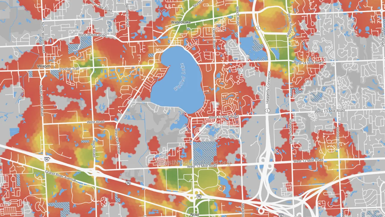 Walk Grade map of 48377, MI, walkable areas in green and car-dependent areas in red