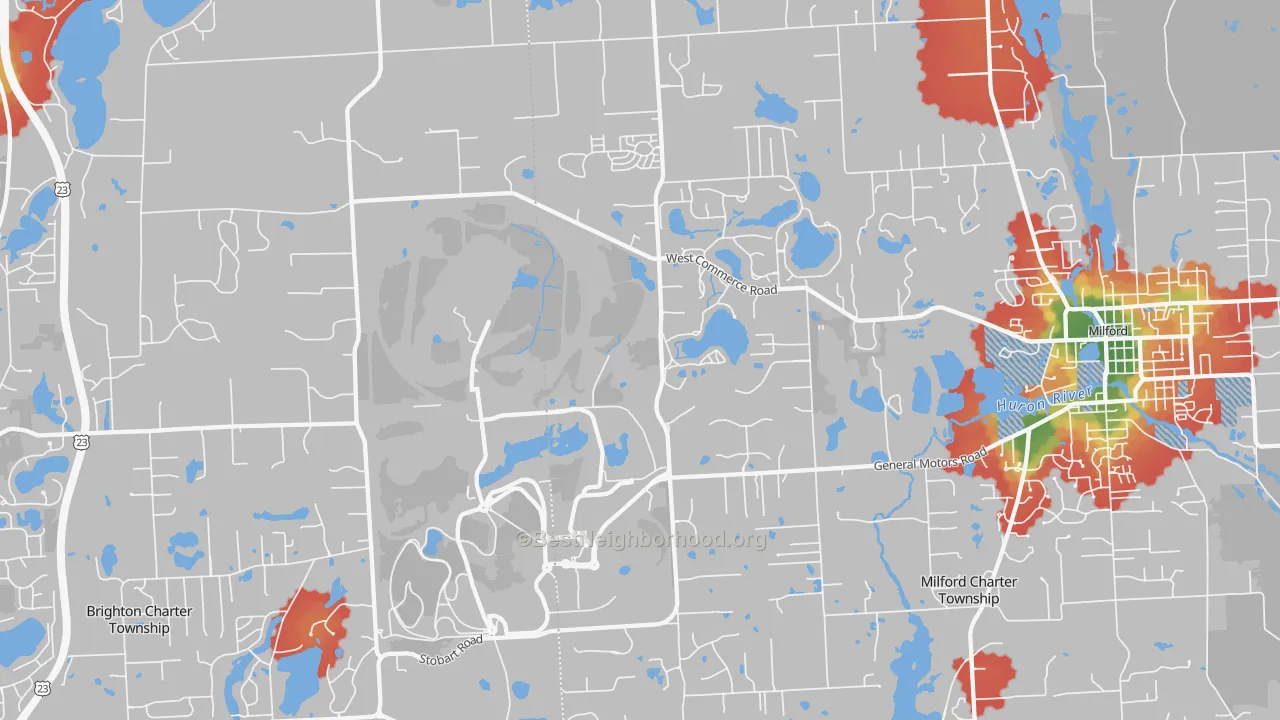 Walk Grade map of 48380, MI, walkable areas in green and car-dependent areas in red