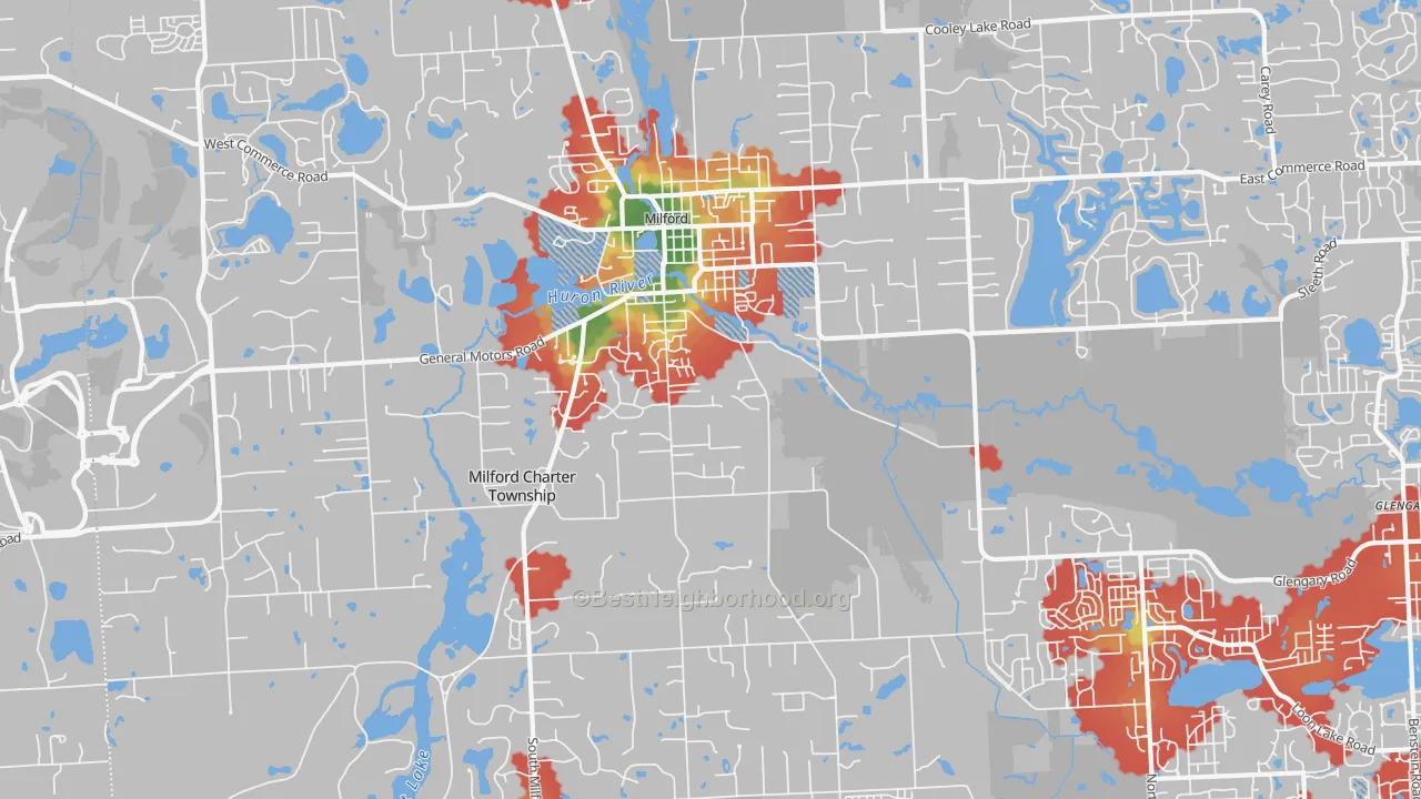 Walk Grade map of 48381, MI, walkable areas in green and car-dependent areas in red