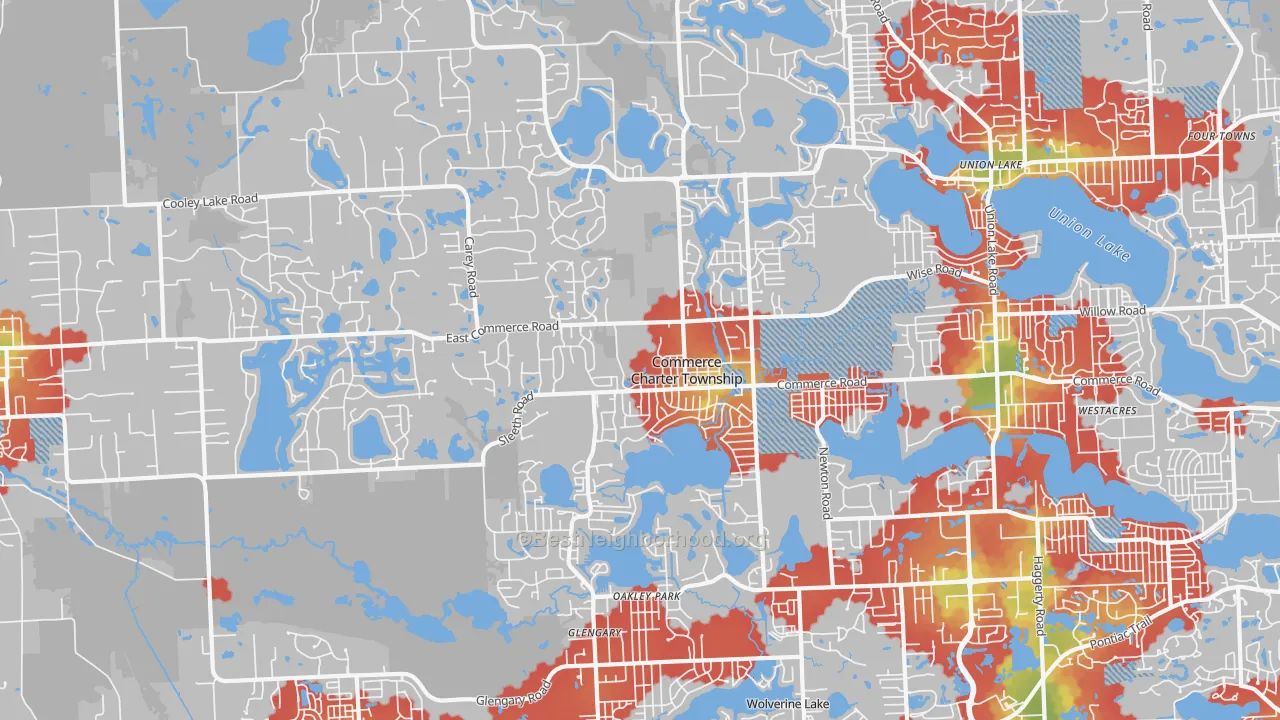 Walk Grade map of 48382, MI, walkable areas in green and car-dependent areas in red