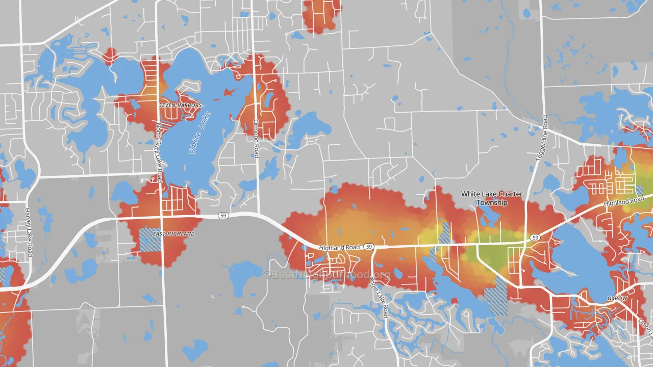 Walk Grade map of 48383, MI, walkable areas in green and car-dependent areas in red