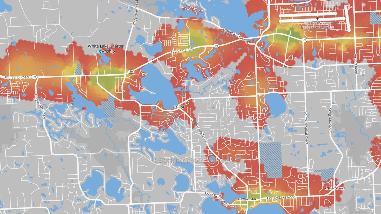 Walk Grade map of 48386, MI, walkable areas in green and car-dependent areas in red