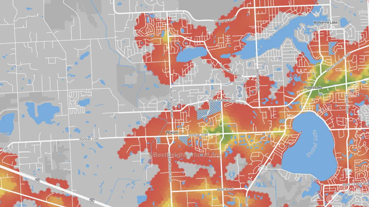 Walk Grade map of 48393, MI, walkable areas in green and car-dependent areas in red
