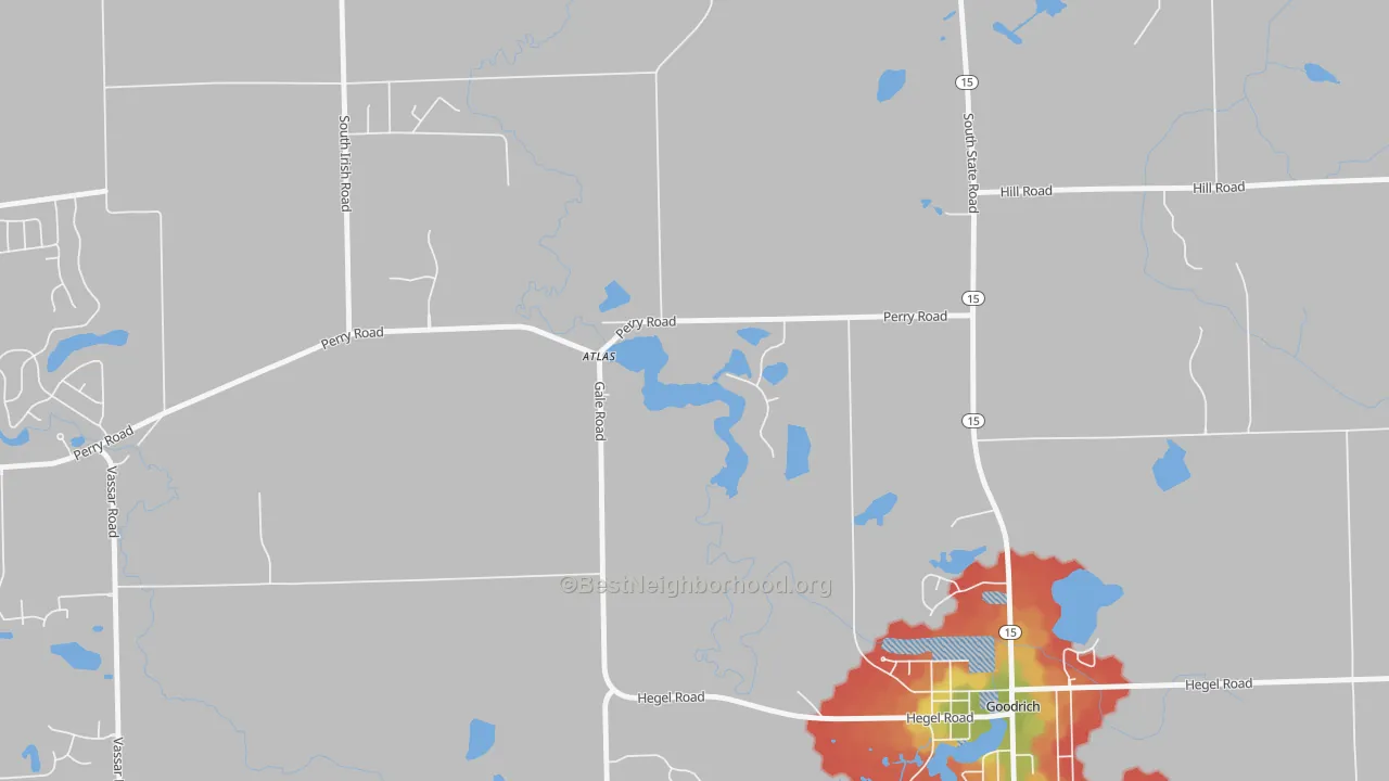 Walk Grade map of 48411, MI, walkable areas in green and car-dependent areas in red