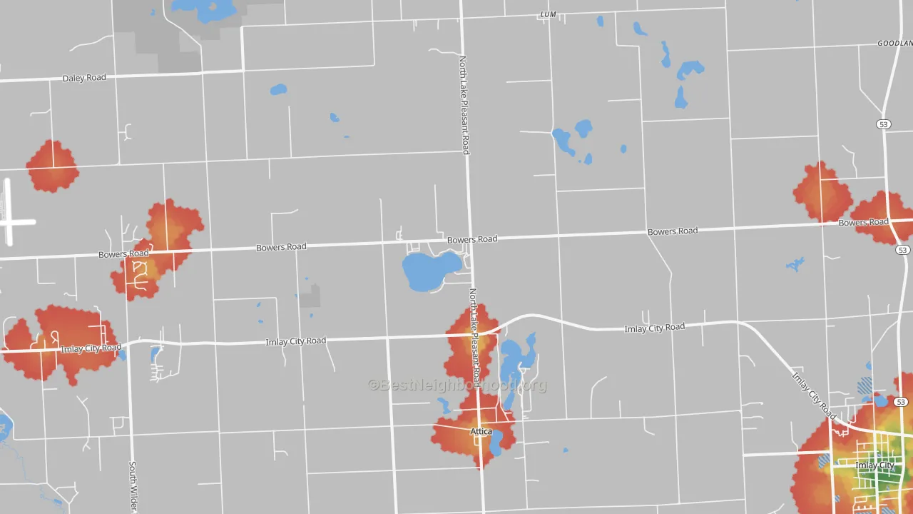 Walk Grade map of 48412, MI, walkable areas in green and car-dependent areas in red