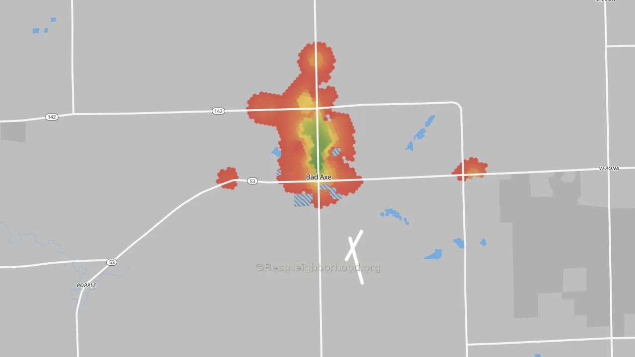 Walk Grade map of 48413, MI, walkable areas in green and car-dependent areas in red