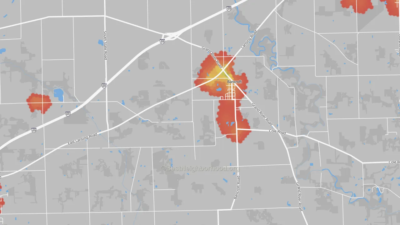Walk Grade map of 48414, MI, walkable areas in green and car-dependent areas in red