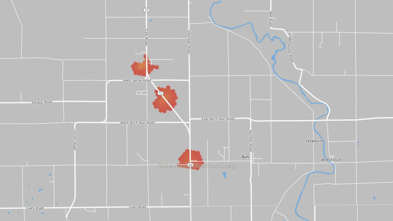 Walk Grade map of 48417, MI, walkable areas in green and car-dependent areas in red
