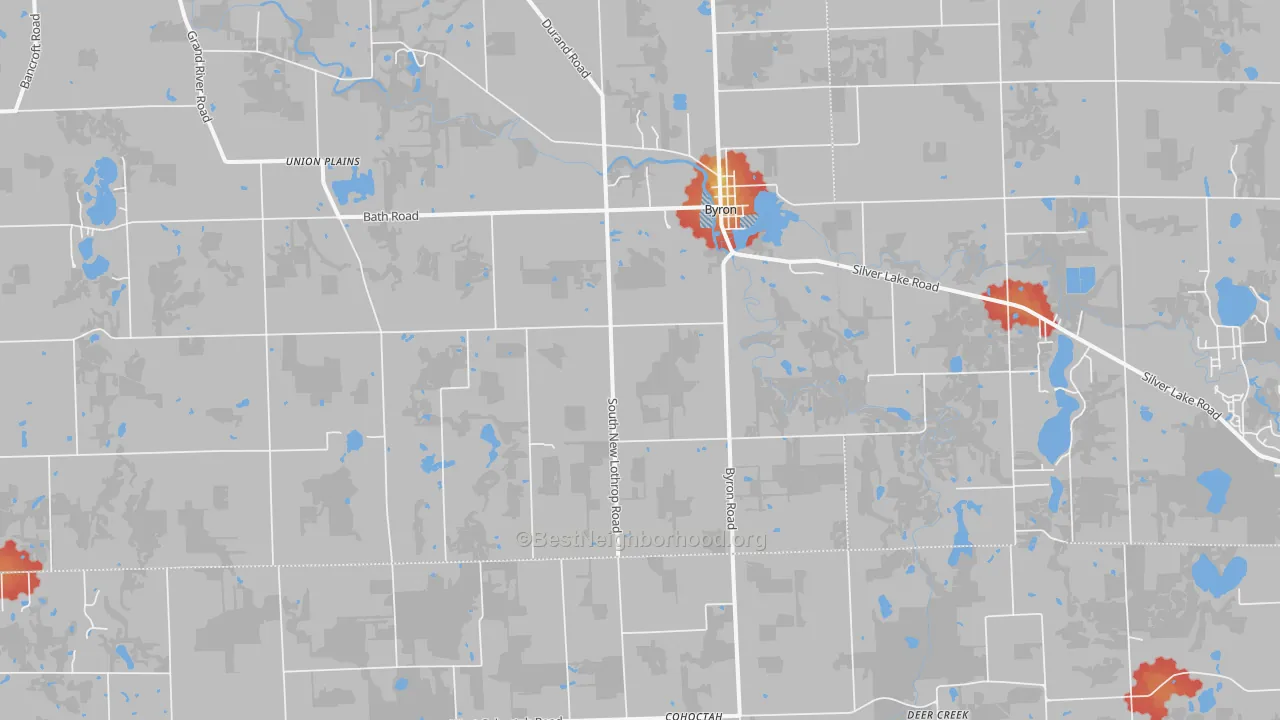 Walk Grade map of 48418, MI, walkable areas in green and car-dependent areas in red