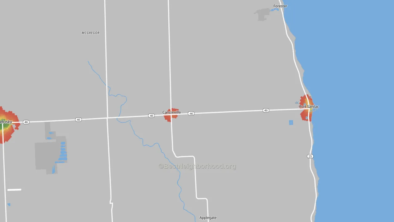 Walk Grade map of 48419, MI, walkable areas in green and car-dependent areas in red