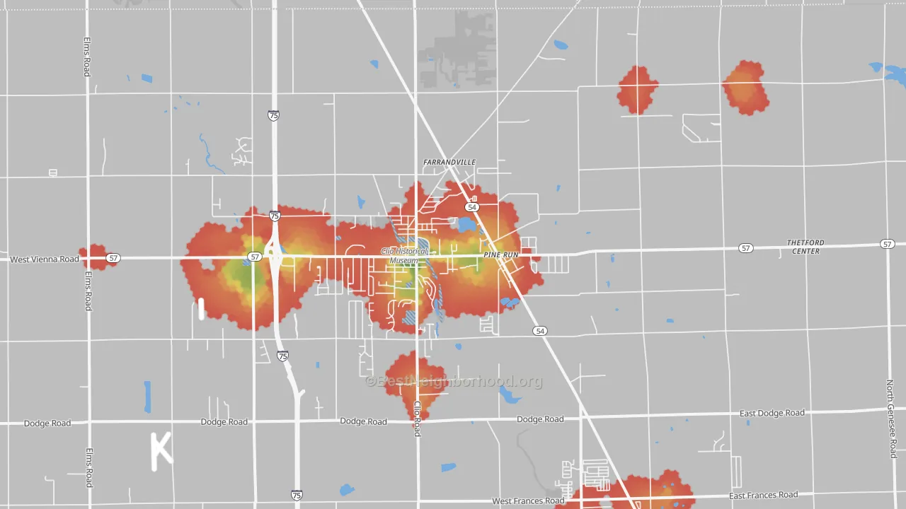 Walk Grade map of 48420, MI, walkable areas in green and car-dependent areas in red