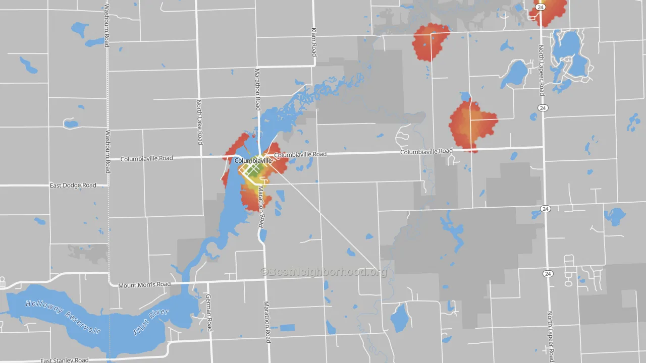 Walk Grade map of 48421, MI, walkable areas in green and car-dependent areas in red