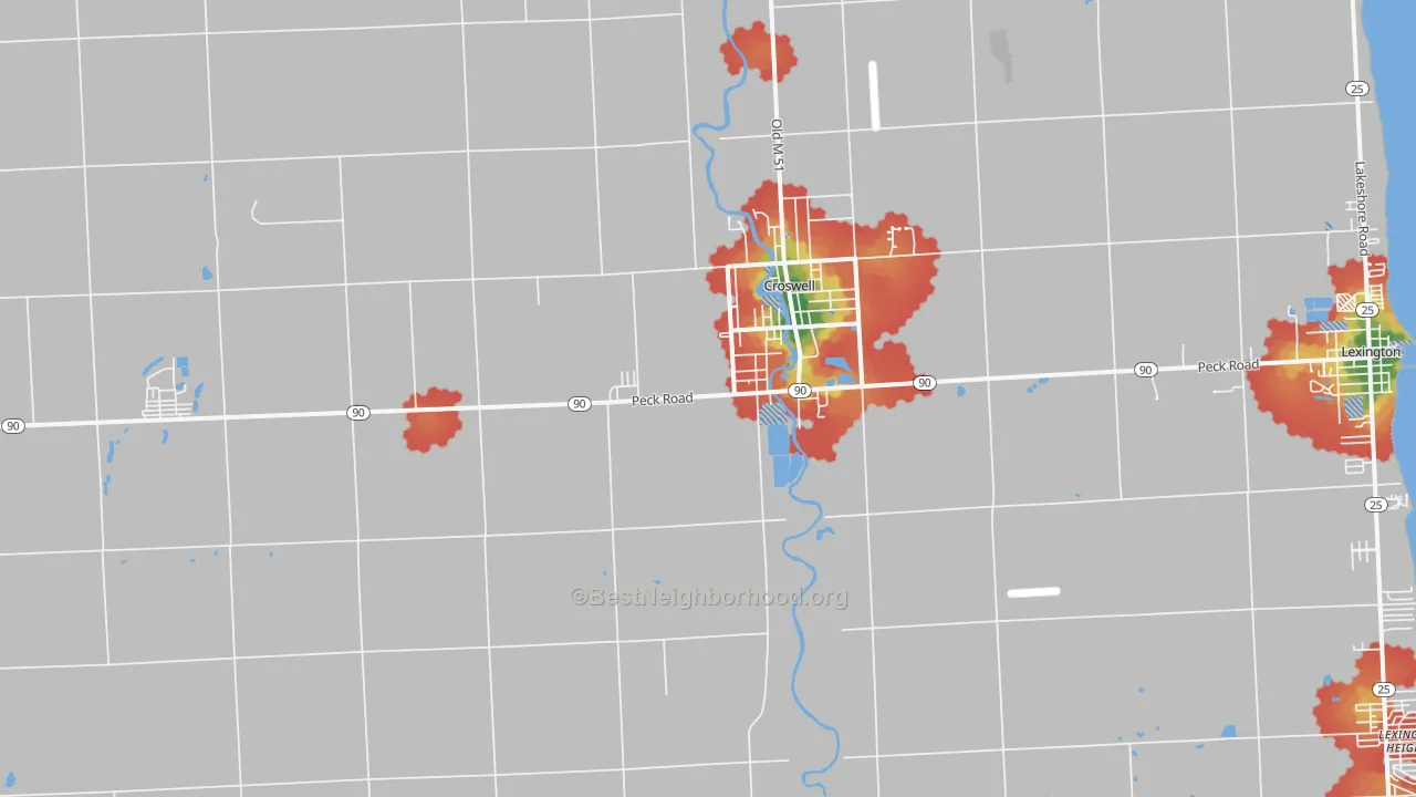 Walk Grade map of 48422, MI, walkable areas in green and car-dependent areas in red