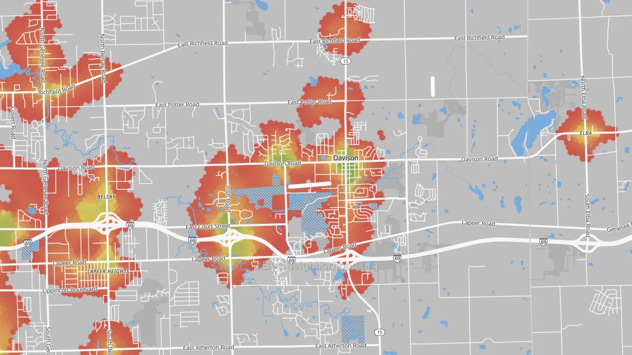 Walk Grade map of 48423, MI, walkable areas in green and car-dependent areas in red