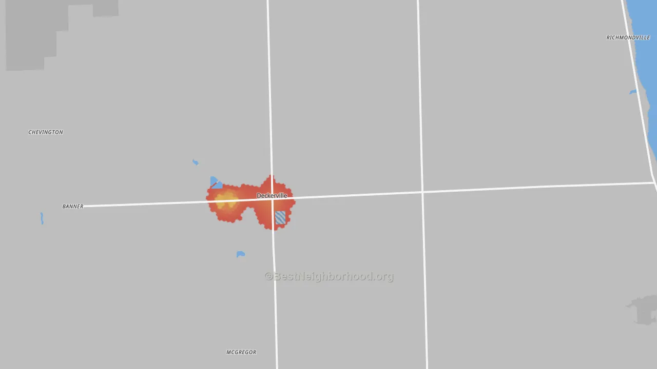 Walk Grade map of 48427, MI, walkable areas in green and car-dependent areas in red