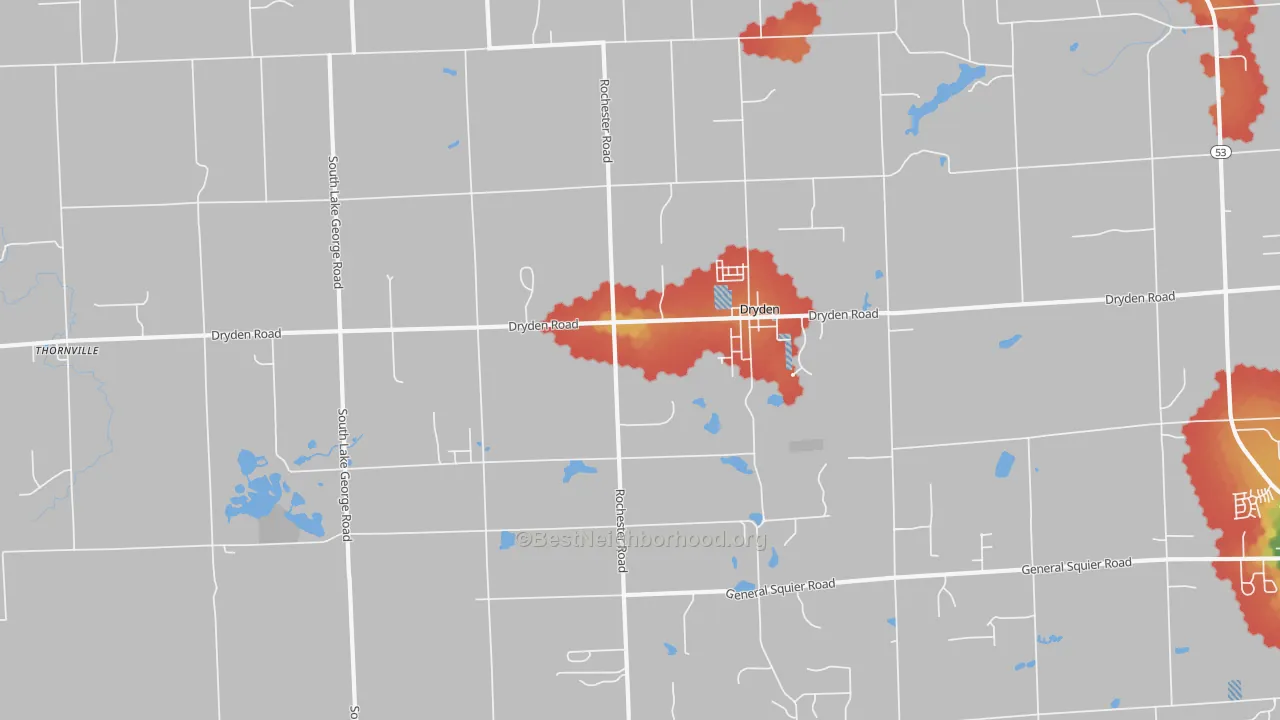 Walk Grade map of 48428, MI, walkable areas in green and car-dependent areas in red