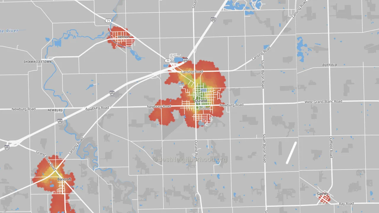 Walk Grade map of 48429, MI, walkable areas in green and car-dependent areas in red