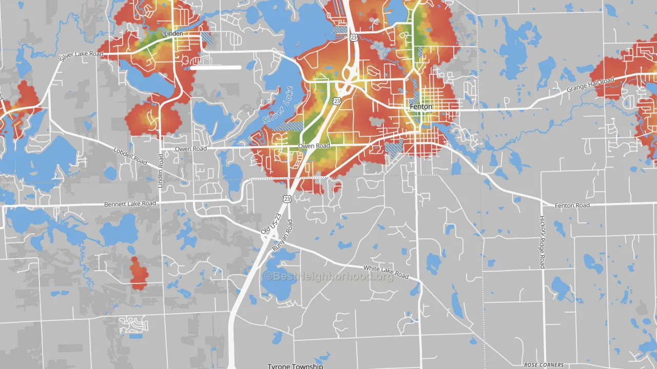 Walk Grade map of 48430, MI, walkable areas in green and car-dependent areas in red