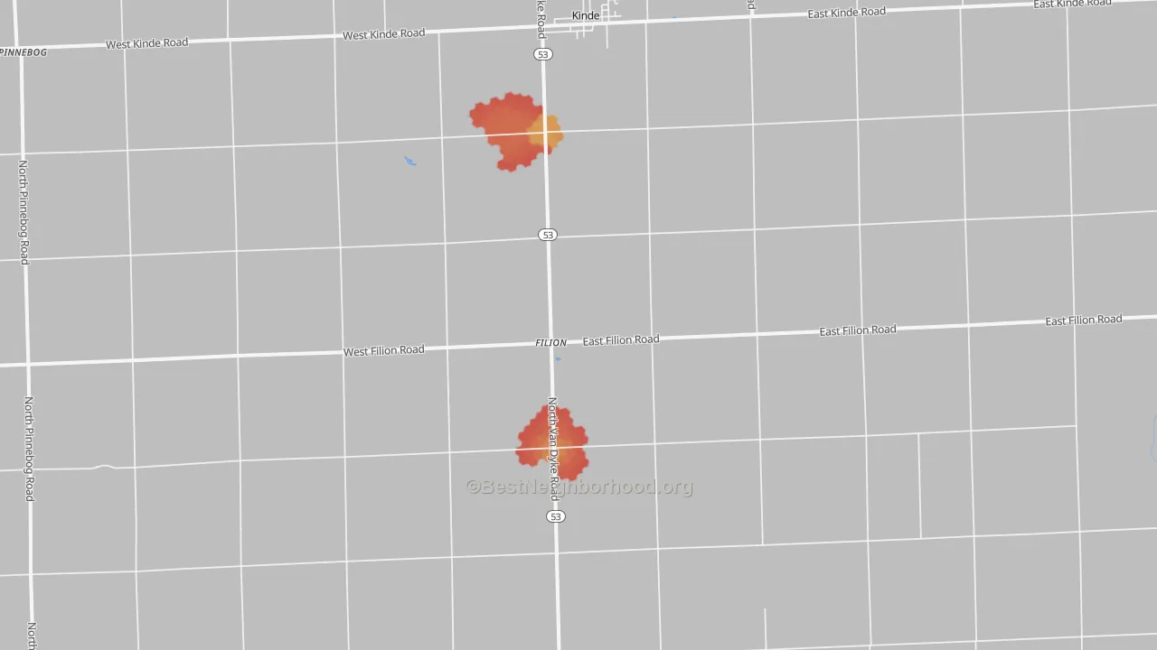 Walk Grade map of 48432, MI, walkable areas in green and car-dependent areas in red