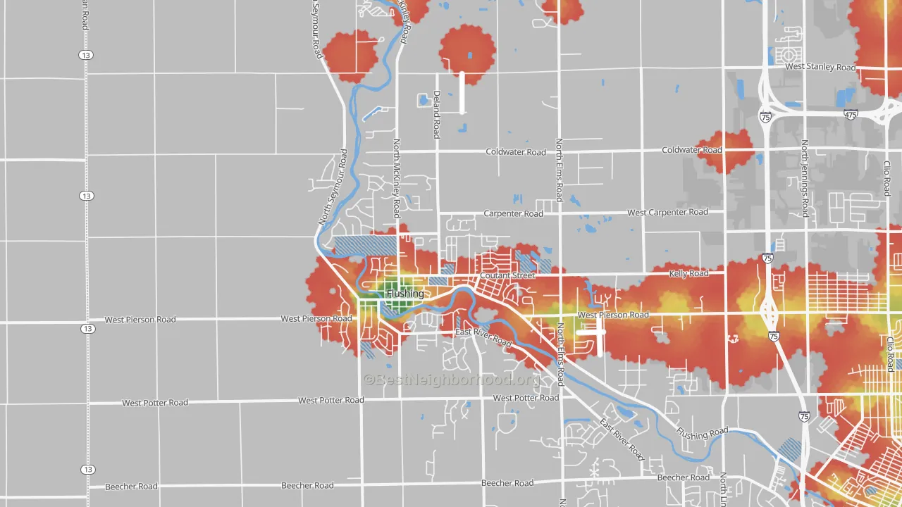 Walk Grade map of 48433, MI, walkable areas in green and car-dependent areas in red