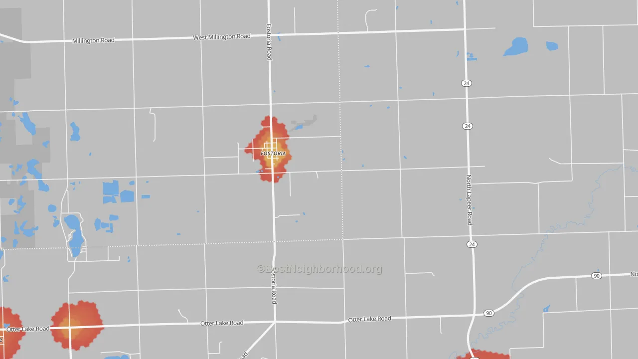 Walk Grade map of 48435, MI, walkable areas in green and car-dependent areas in red