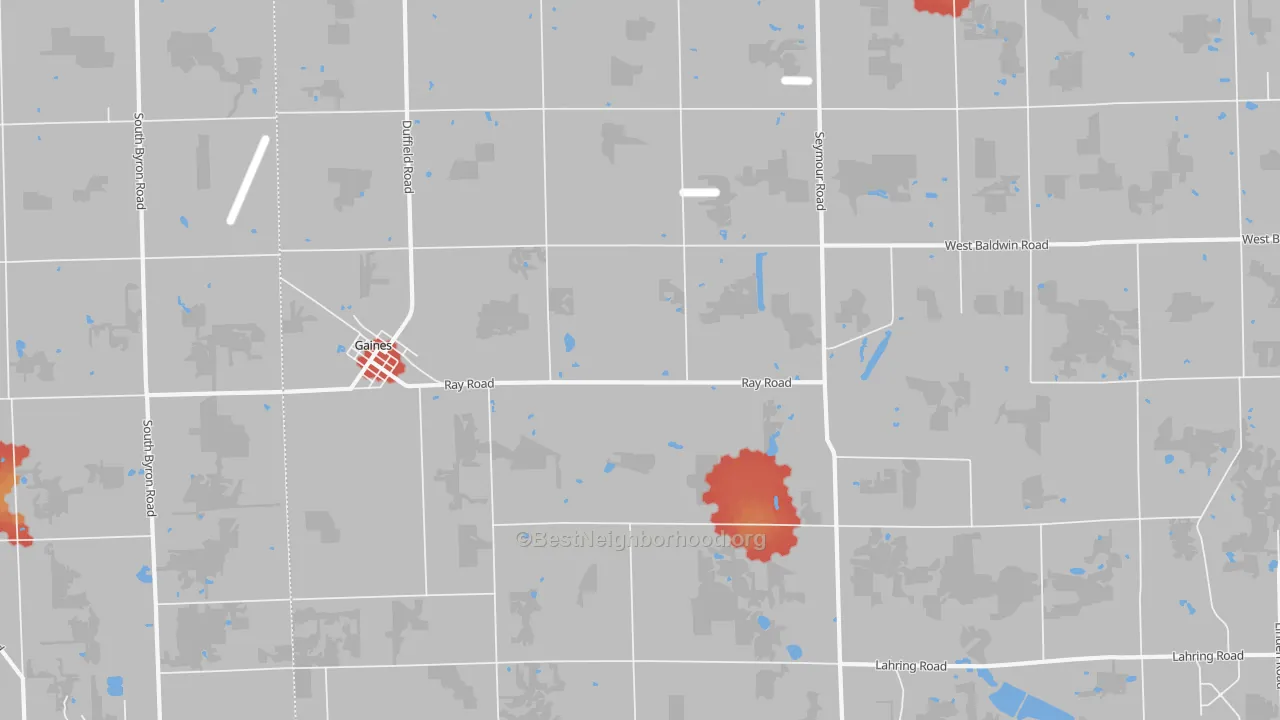 Walk Grade map of 48436, MI, walkable areas in green and car-dependent areas in red