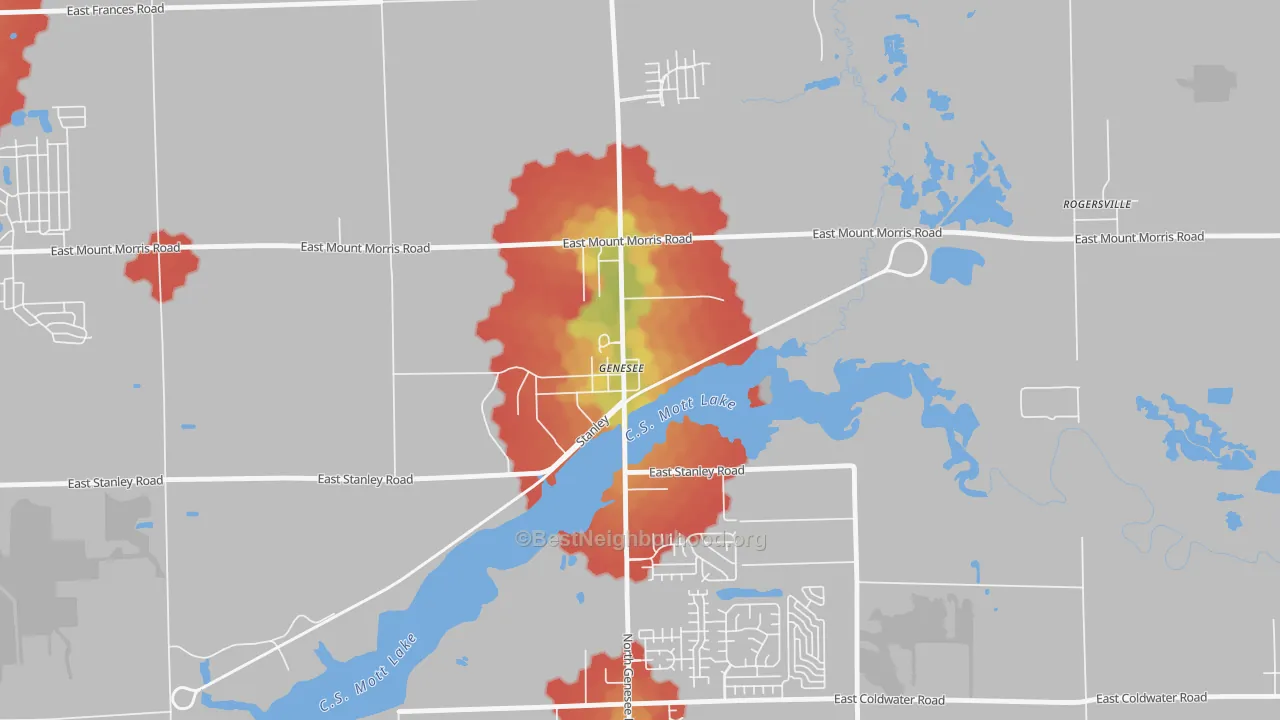Walk Grade map of 48437, MI, walkable areas in green and car-dependent areas in red