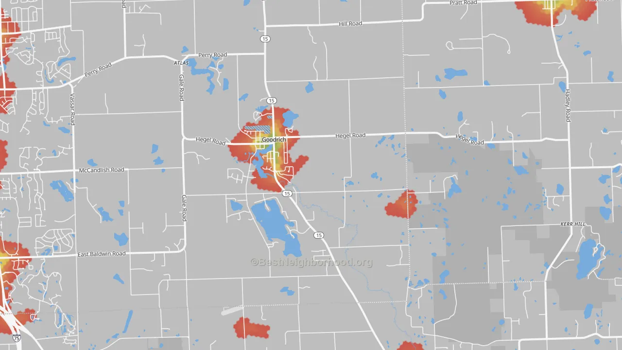 Walk Grade map of 48438, MI, walkable areas in green and car-dependent areas in red