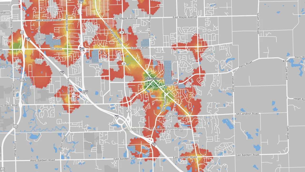 Walk Grade map of 48439, MI, walkable areas in green and car-dependent areas in red