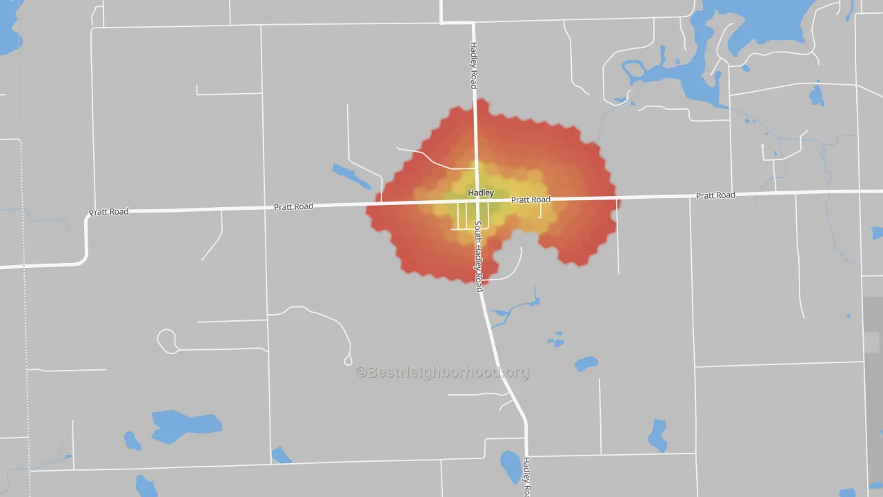 Walk Grade map of 48440, MI, walkable areas in green and car-dependent areas in red