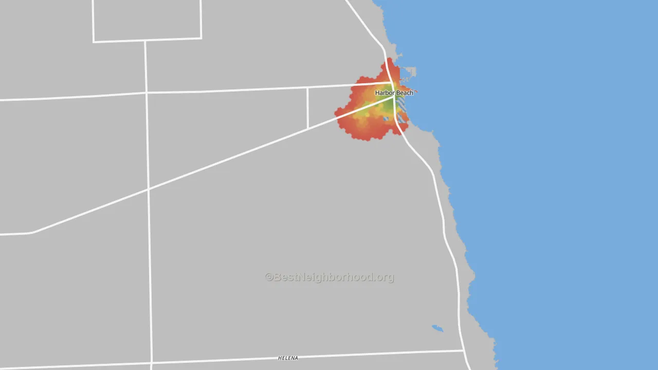 Walk Grade map of 48441, MI, walkable areas in green and car-dependent areas in red