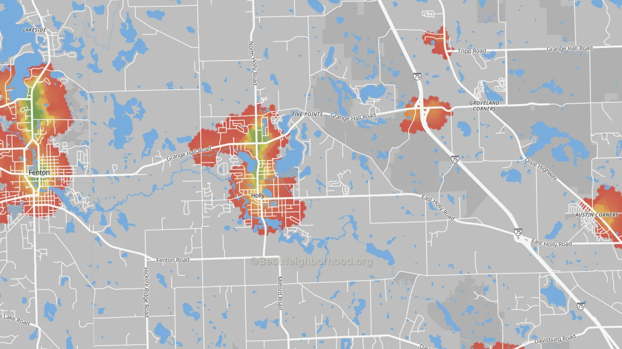 Walk Grade map of 48442, MI, walkable areas in green and car-dependent areas in red