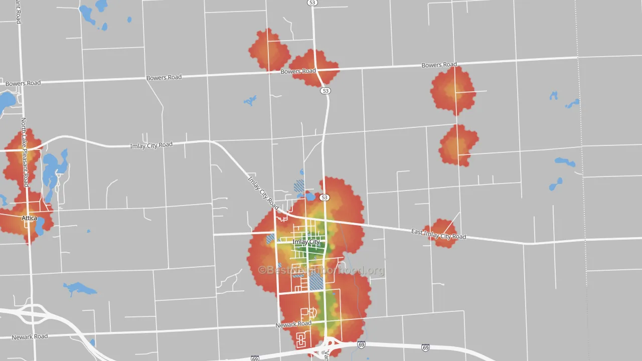 Walk Grade map of 48444, MI, walkable areas in green and car-dependent areas in red