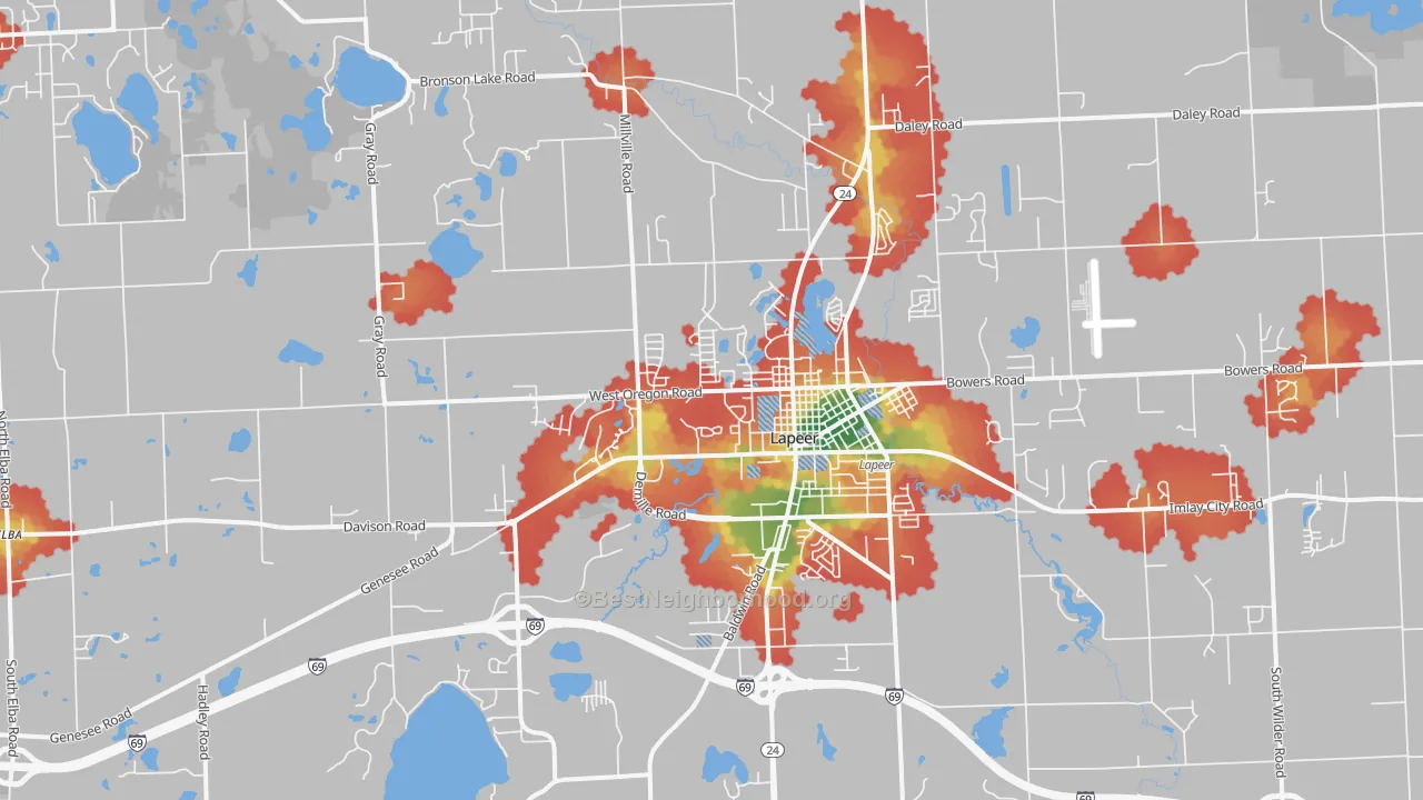 Walk Grade map of 48446, MI, walkable areas in green and car-dependent areas in red