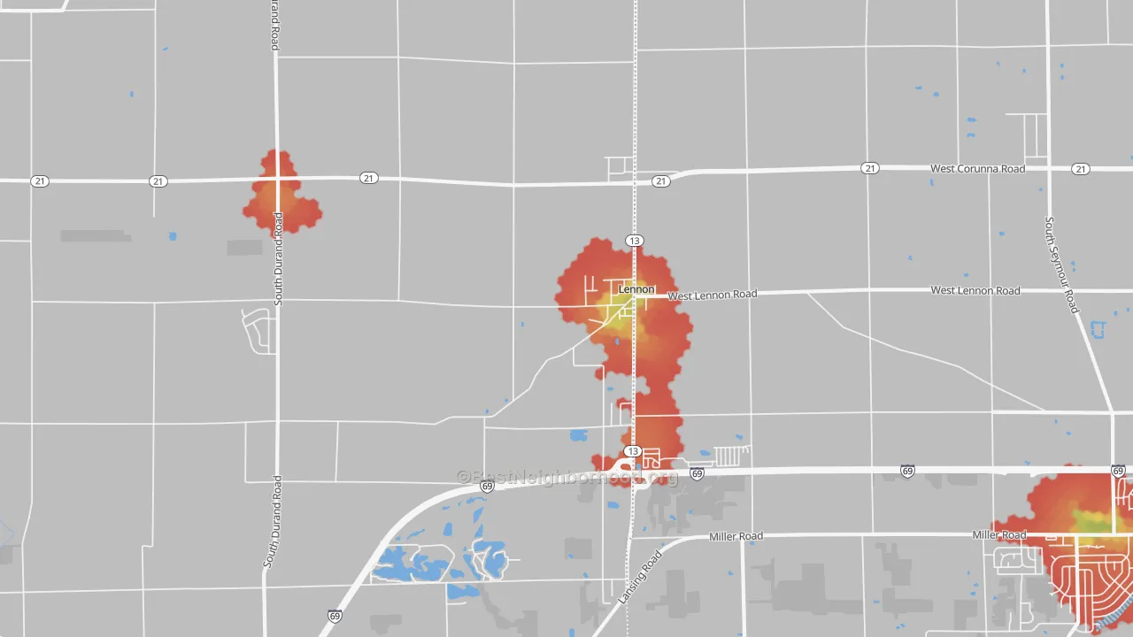 Walk Grade map of 48449, MI, walkable areas in green and car-dependent areas in red
