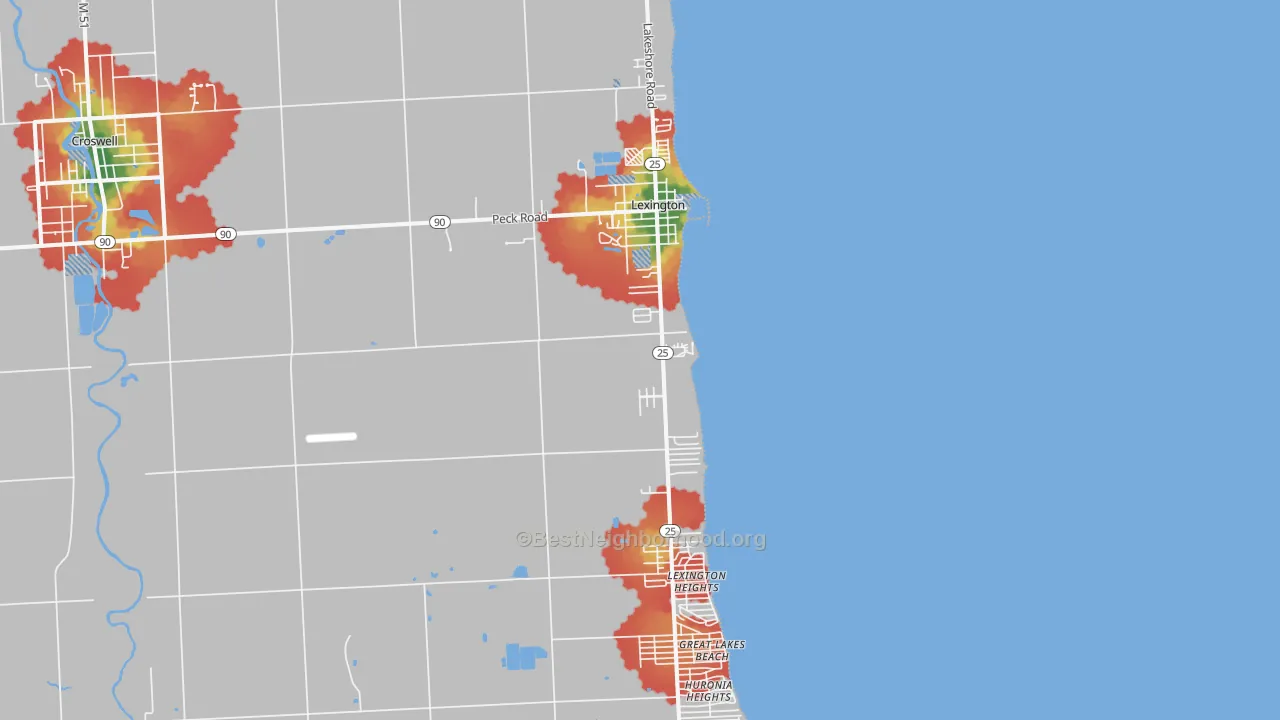 Walk Grade map of 48450, MI, walkable areas in green and car-dependent areas in red