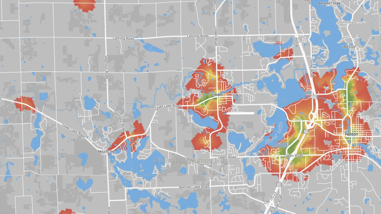 Walk Grade map of 48451, MI, walkable areas in green and car-dependent areas in red