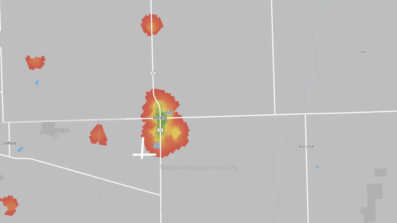 Walk Grade map of 48453, MI, walkable areas in green and car-dependent areas in red