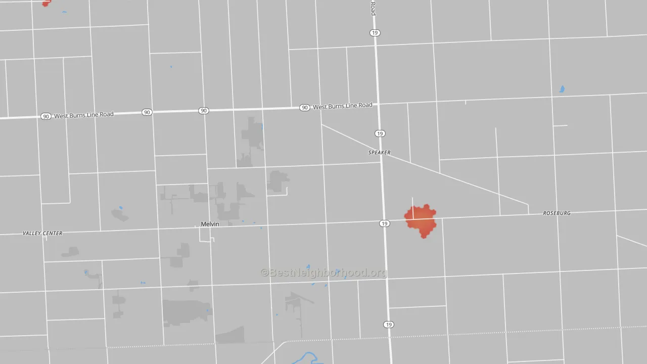 Walk Grade map of 48454, MI, walkable areas in green and car-dependent areas in red